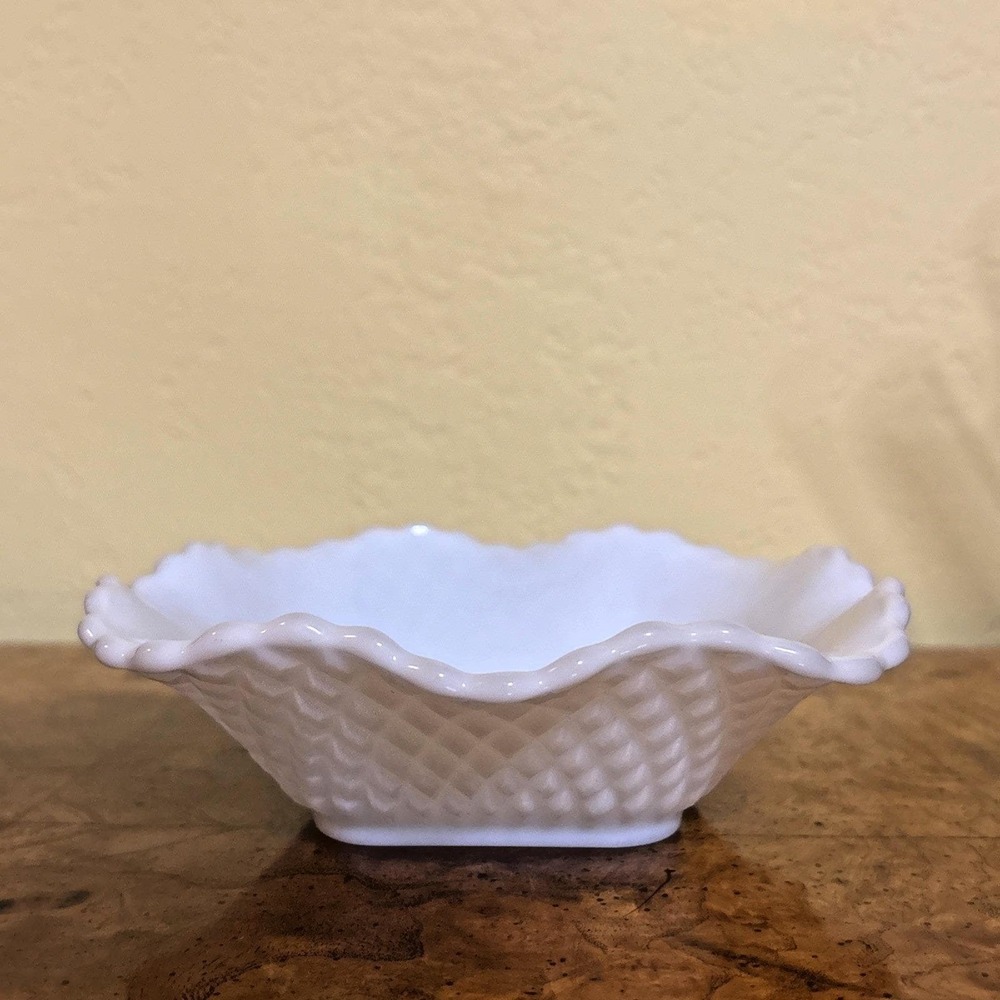 Vintage Milk Glass Square Candy Dish Diamond Pattern Scalloped Edge Trinket Bowl